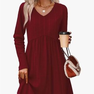 Long Sleeve V-Neck Ribbed Midi Dress in Burgundy